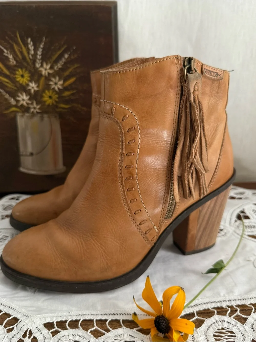 Pikolinos Leather Ankle Boots 38 US 7.5 8 Camel Tassel Boho Block Heel Boot